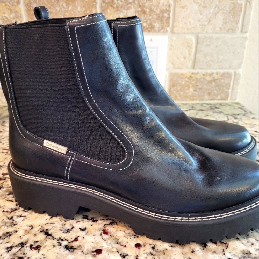 CALVIN KLIEN Black Leather Womens Dress Casual Pull-On Chelsea Boots SZ 11